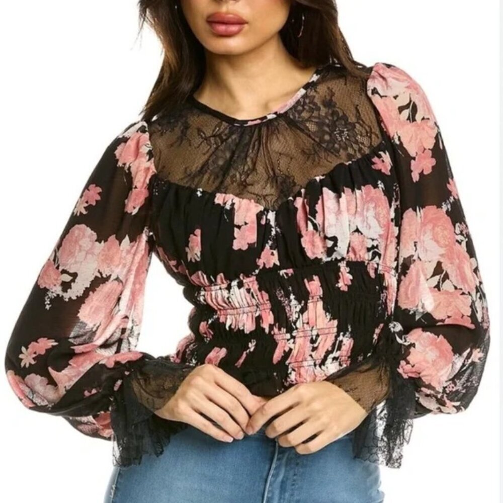 Free People Daphne Smocked Waist Lace Trim Floral Crop Blouse Black Sz S